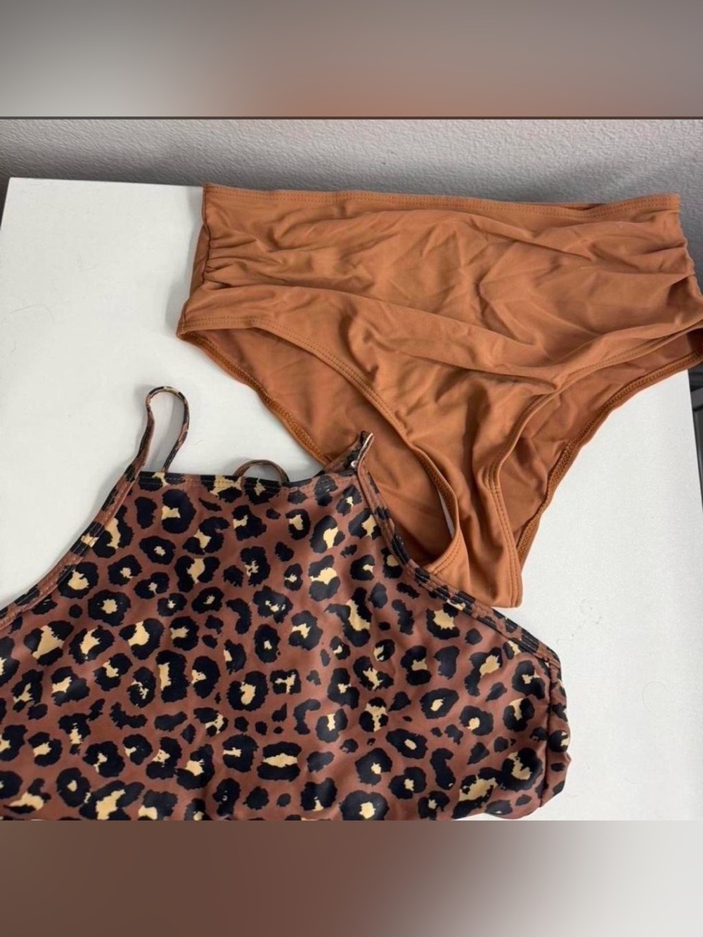 Leopard Print Tank Bikini Top & Rust High-Waist Brief - Women's Swim Set